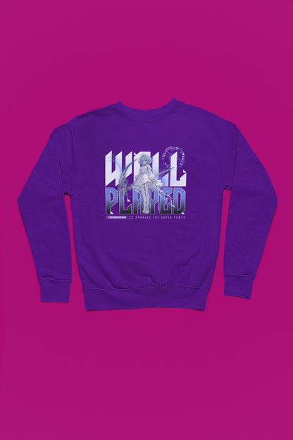 Well Played – Eleganter Anime Battle Spirit Pullover – lila Pullover als Flatlay-Mockup, hochwertiges Nerd- & Gaming-Design Produktfoto.