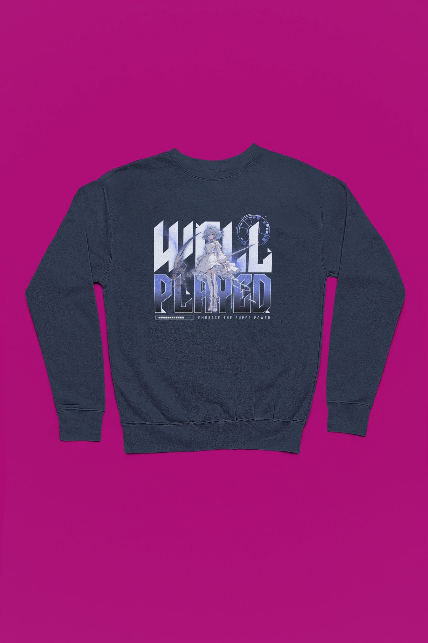 Well Played – Eleganter Anime Battle Spirit Pullover – marine Pullover als Flatlay-Mockup, hochwertiges Nerd- & Gaming-Design Produktfoto.