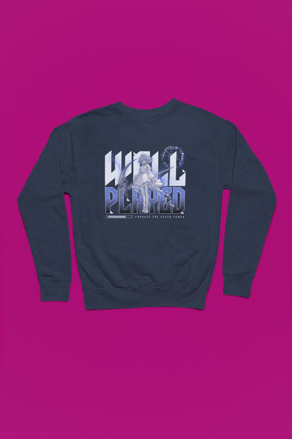 Well Played – Eleganter Anime Battle Spirit Pullover – marine Pullover als Flatlay-Mockup, hochwertiges Nerd- & Gaming-Design Produktfoto.