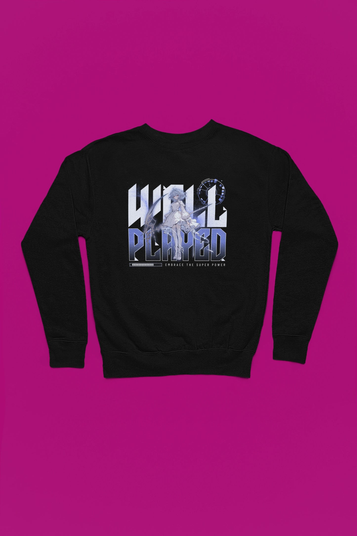 Well Played – Eleganter Anime Battle Spirit Pullover – schwarz Pullover als Flatlay-Mockup, hochwertiges Nerd- & Gaming-Design Produktfoto.