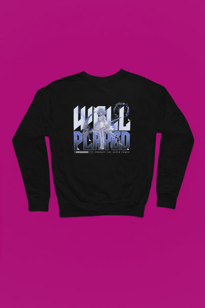 Well Played – Eleganter Anime Battle Spirit Pullover – schwarz Pullover als Flatlay-Mockup, hochwertiges Nerd- & Gaming-Design Produktfoto.