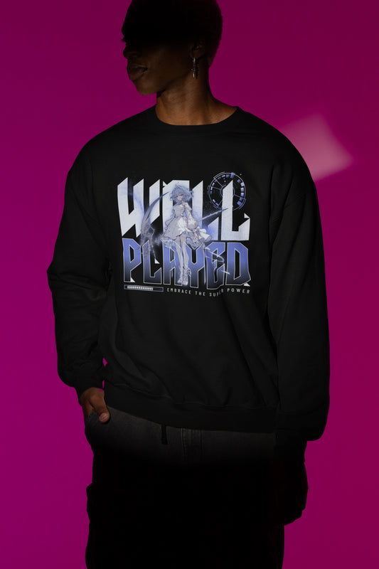 Well Played – Eleganter Anime Battle Spirit Pullover – schwarz Pullover als Maennliches Model-Mockup, hochwertiges Nerd- & Gaming-Design Produktfoto.