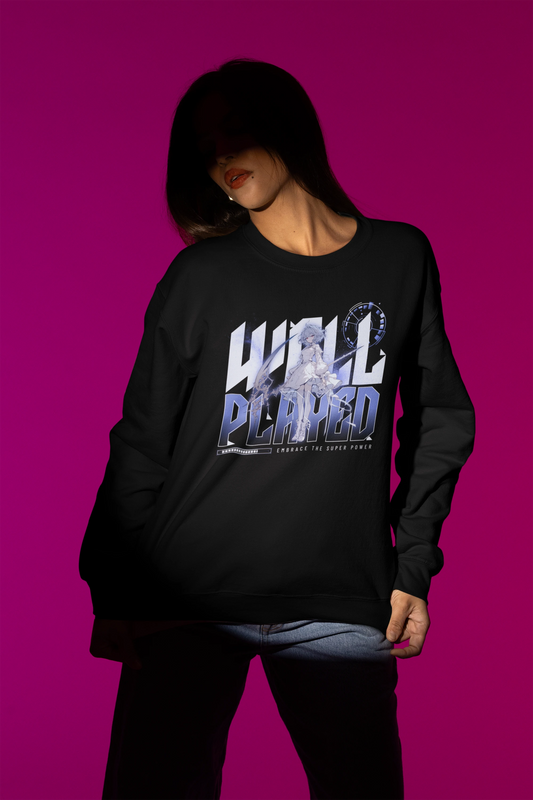 Well Played – Eleganter Anime Battle Spirit Pullover – schwarz Pullover als Weibliches Model-Mockup, hochwertiges Nerd- & Gaming-Design Produktfoto.