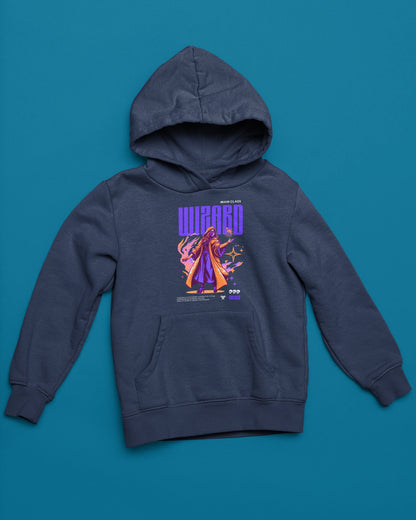 Wizard | Magischer Hoodie im Fantasy-Style – marine Hoodie als flatlay-Mockup, modernes Gaming-Design und hochwertiges Produktfoto.