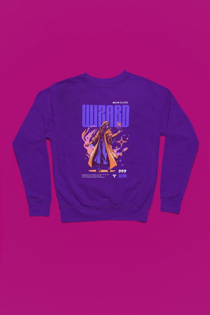 Wizard – Main Class | Arcane Spellcaster Pullover – lila Pullover als Flatlay-Mockup, hochwertiges Nerd- & Gaming-Design Produktfoto.