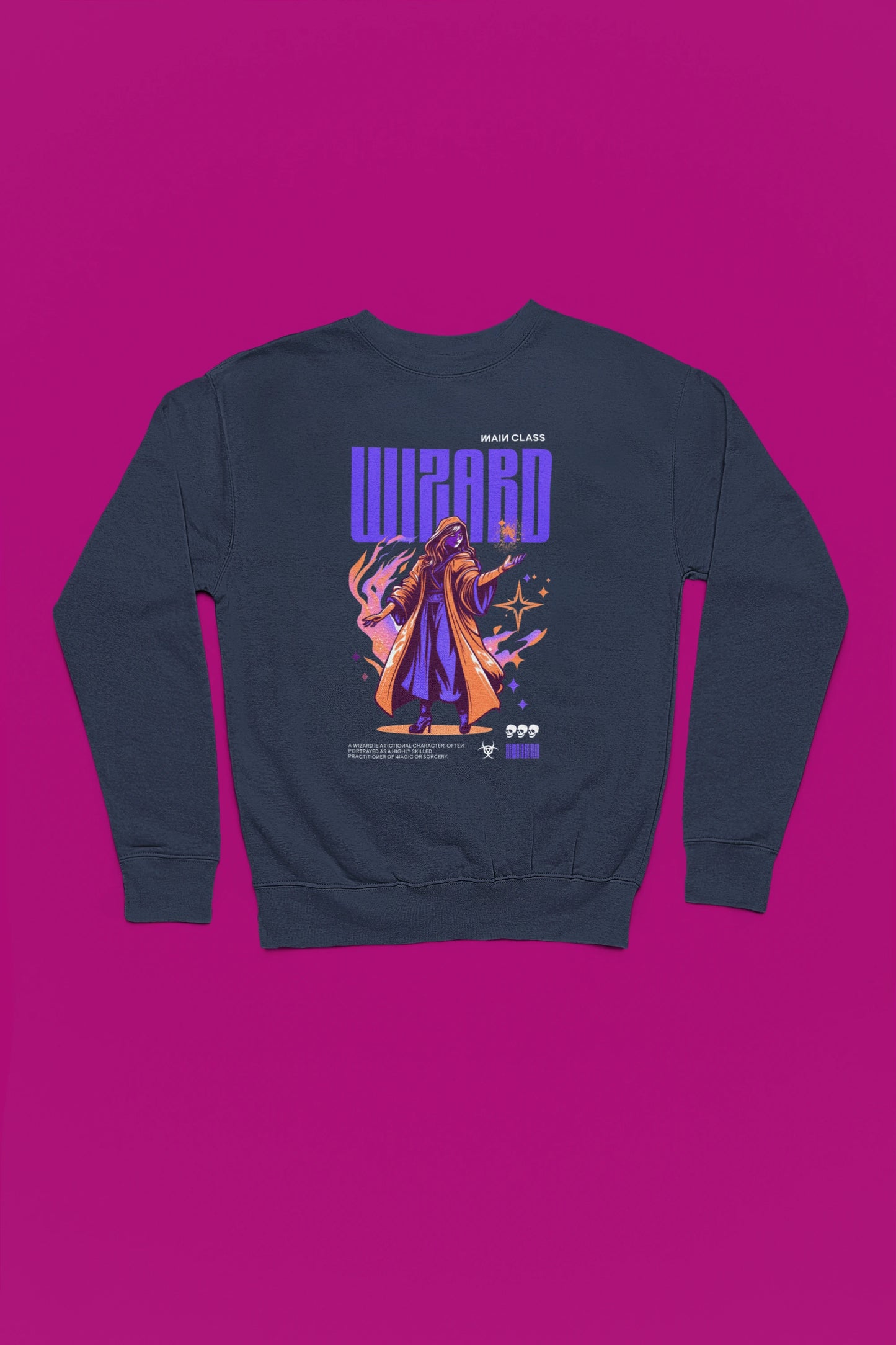 Wizard – Main Class | Arcane Spellcaster Pullover – marine Pullover als Flatlay-Mockup, hochwertiges Nerd- & Gaming-Design Produktfoto.