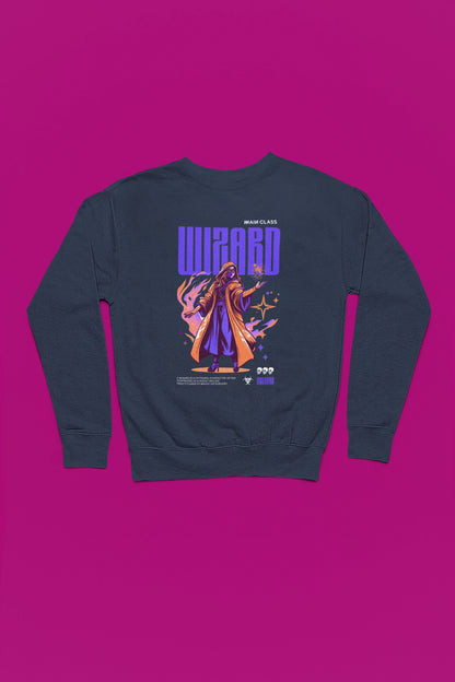 Wizard – Main Class | Arcane Spellcaster Pullover – marine Pullover als Flatlay-Mockup, hochwertiges Nerd- & Gaming-Design Produktfoto.