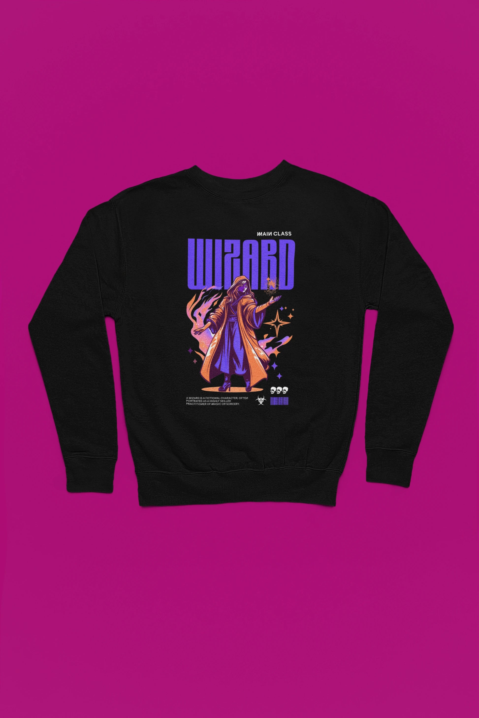 Wizard – Main Class | Arcane Spellcaster Pullover – schwarz Pullover als Flatlay-Mockup, hochwertiges Nerd- & Gaming-Design Produktfoto.