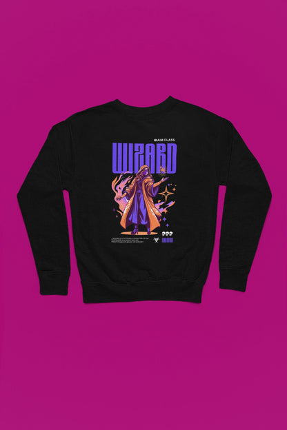 Wizard – Main Class | Arcane Spellcaster Pullover – schwarz Pullover als Flatlay-Mockup, hochwertiges Nerd- & Gaming-Design Produktfoto.