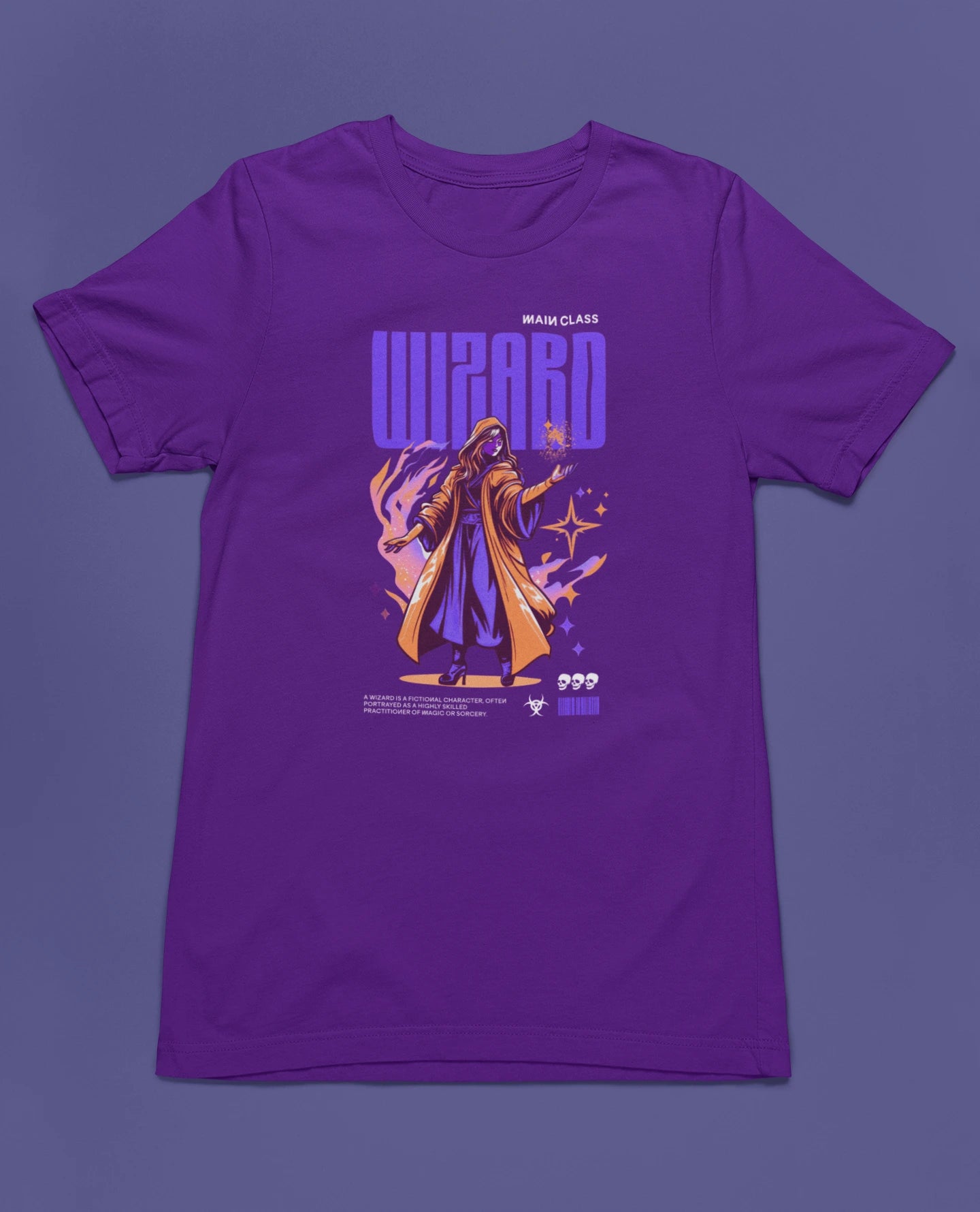 Wizard – Main Class Edition | Fantasy Gaming T-Shirt – lila T-Shirt als flatlay-Mockup, modernes Gaming-Design und hochwertiges Produktfoto.