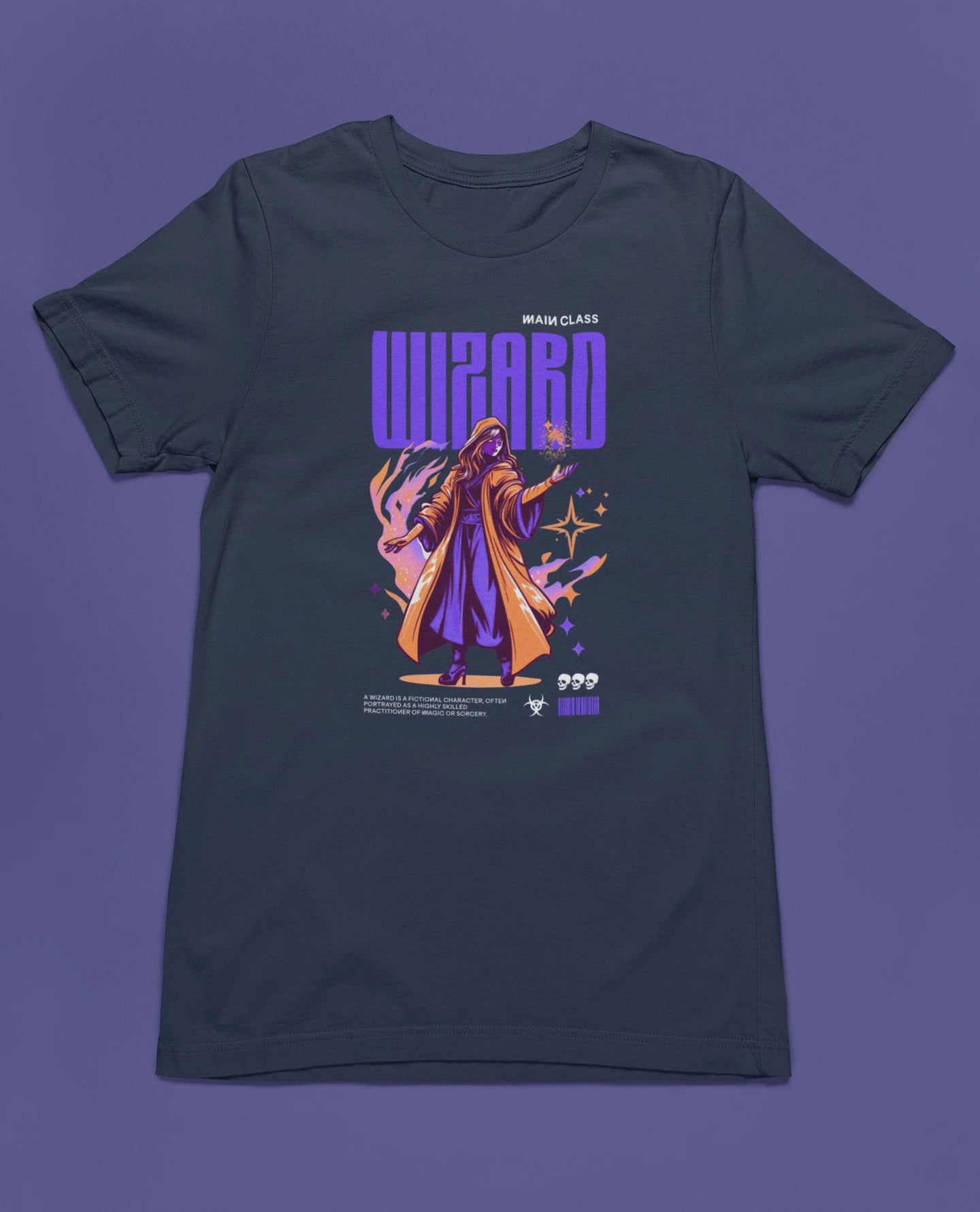 Wizard – Main Class Edition | Fantasy Gaming T-Shirt – marine T-Shirt als flatlay-Mockup, modernes Gaming-Design und hochwertiges Produktfoto.