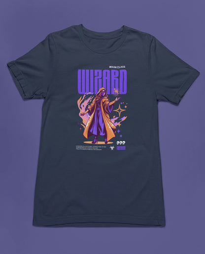 Wizard – Main Class Edition | Fantasy Gaming T-Shirt – marine T-Shirt als flatlay-Mockup, modernes Gaming-Design und hochwertiges Produktfoto.