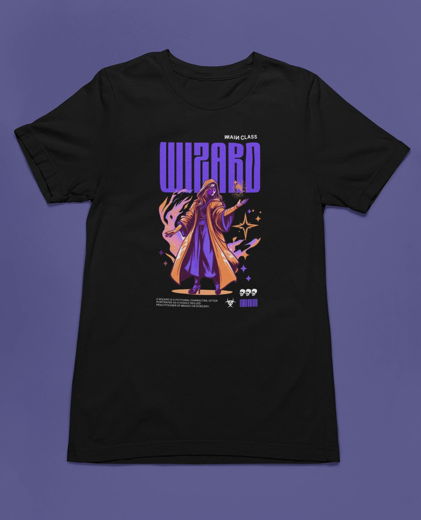 Wizard – Main Class Edition | Fantasy Gaming T-Shirt – schwarz T-Shirt als flatlay-Mockup, modernes Gaming-Design und hochwertiges Produktfoto.